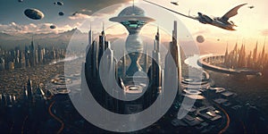 Science fiction fantasy world cityscape skyline with futuristic building architecture