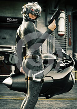 Science Fiction female police officer posing in front of her jet bike ,wearing helmet and uniform