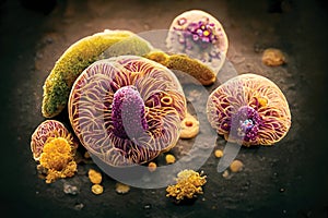 Science fiction illustration of bacteria, viruses and protozoa under microscope. Fantasy digital art, ai artwork