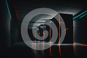 Science fiction interior scene- sci-fi corridor render scene with neon lights