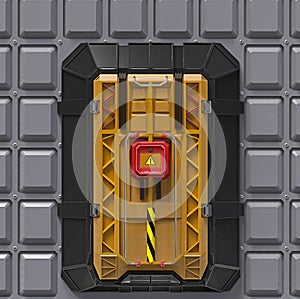 Science fiction interior very secure reinforced vault gate with security screen lock. 3d render