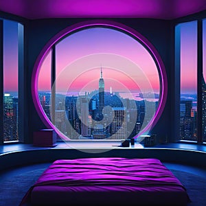 science fiction lonely cyberpunk sits alone in a room and looks at the futuristic city through a round fictional created with