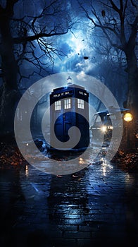 Science-fiction multidimension of Doctor Who, TARDIS spacecraft, blue phone box, Universal Generative AI