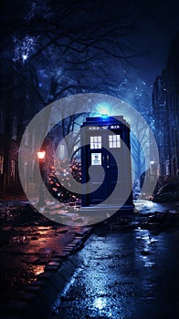 Science-fiction multidimension of Doctor Who, TARDIS spacecraft, blue phone box, Universal Generative AI