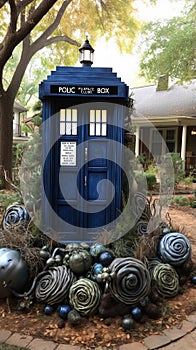 Science-fiction multidimension of Doctor Who, TARDIS spacecraft, blue phone box, Universal Generative AI