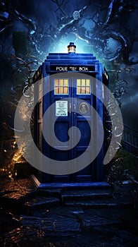 Science-fiction multidimension of Doctor Who, TARDIS spacecraft, blue phone box, Universal Generative AI