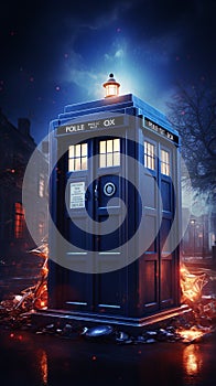 Science-fiction multidimension of Doctor Who, TARDIS spacecraft, blue phone box, Universal Generative AI