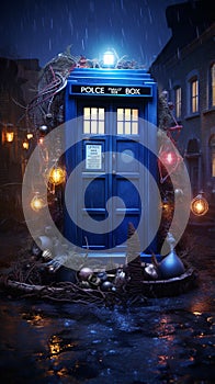 Science-fiction multidimension of Doctor Who, TARDIS spacecraft, blue phone box, Universal Generative AI