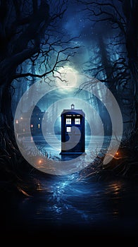 Science-fiction multidimension of Doctor Who, TARDIS spacecraft, blue phone box, Universal Generative AI