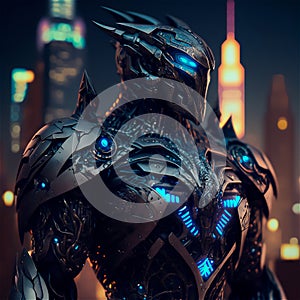 Science fiction robot soldier neon armor on the streets of the future city. Military futuristic robot warrior. AI generated image