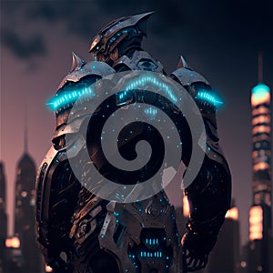 Science fiction robot soldier neon armor on the streets of the future city. Military futuristic robot warrior. AI generated image