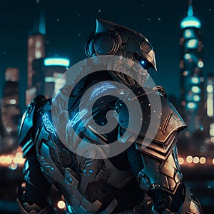 Science fiction robot soldier neon armor on the streets of the future city. Military futuristic robot warrior. AI generated image