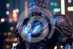 Science fiction robot soldier neon armor on the streets of the future city. Military futuristic robot warrior. AI generated image