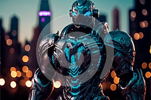 Science fiction robot soldier neon armor on the streets of the future city. Military futuristic robot warrior. AI generated image