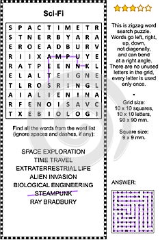 Science fiction, or sci-fi, themed word search puzzle