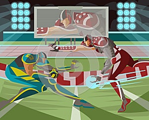 Science fiction sport with two cyborg players and energy ball on stadium