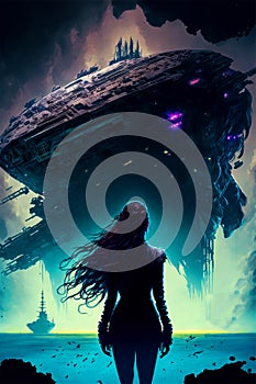 Science Fiction Woman Space Traveler in Spacesuit Standing in front of a Spaceship Illustration