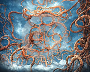 Science ficton background with alien planet life form, orange blue Kraken