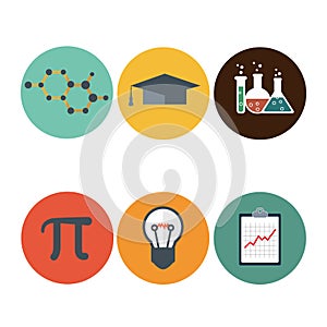 Science flat icons set. DNA, atom, microscope, mathematic Pi icon