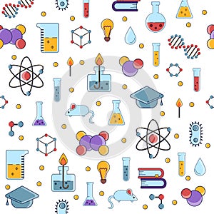 Science flat seamless pattern with scientific elements - molecule, atom structure, flask, glass, water and other on one