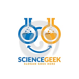 Science geek logo design template, two lab beakers as glasses lenses