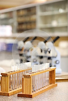Science glass test tubes on  rack. Scientist laboratory concept
