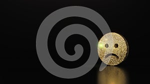 science glitter gold glitter symbol of frown 3D rendering on dark black background with blurred reflection with sparkles