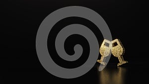 science glitter gold glitter symbol of glass cheers 3D rendering on dark black background with blurred reflection with sparkles