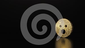 science glitter gold glitter symbol of surprise 3D rendering on dark black background with blurred reflection with sparkles