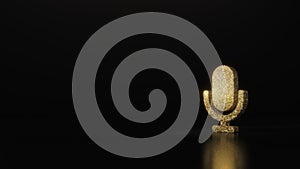 science glitter gold glitter symbol of microphone 3D rendering on dark black background with blurred reflection with sparkles