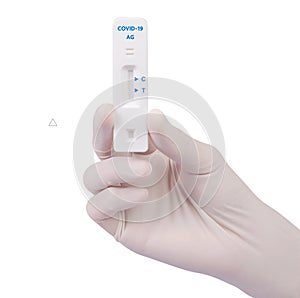 Science hand holding rapid test kit for viral disease COVID-19 2019-nCoV. Lab card kit test for viral sars-cov-2 virus. Rapid test