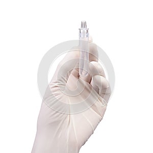 Science Hand with white glove holding plastic tube isolate is on white background with clipping path