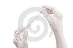 Science hands performing a nasal swab laboratory test  is on white background with clipping path