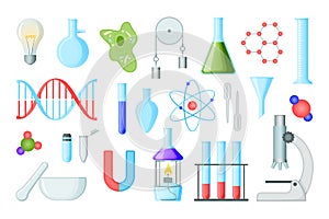 Science icon. Chemical and medical tools. Lab equipment. Biology and chemistry. Test tube. Bacteria cell. Atom and DNA