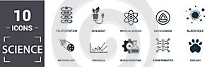 Science icon set. Contain filled flat logic, statistics, physical science, earth science, meteorology, zoology icons. Editable