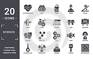 science icon set. include creative elements as electrocardiogram, newton, tubes, cells, radioactivity, geometry filled icons can
