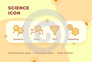 Science icon set with modern flat filled outline style chromatic color