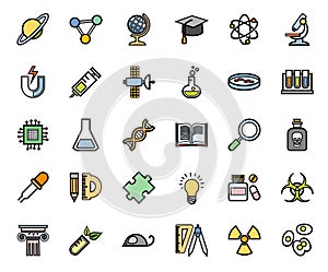 Science, icons, set, colored with outline.