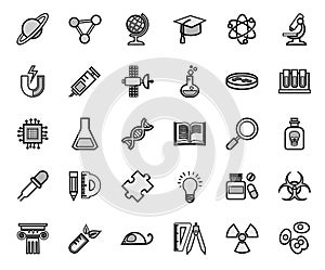 Science, icons, set, gray with outline.