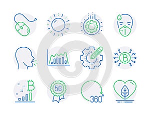 Science icons set. Included icon as 360 degrees, Sick man, Gear signs. Vector