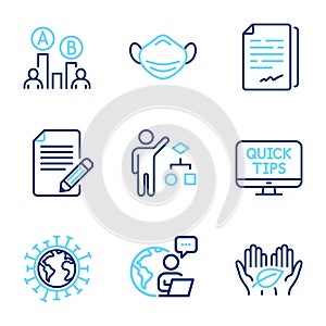 Science icons set. Included icon as Article, Fair trade, Document signature signs. Vector