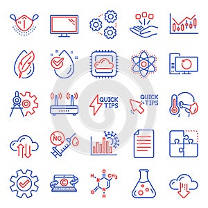 Science icons set. Included icon as Cloud sync, Hypoallergenic tested, Cloud computing. Vector