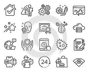 Science icons set. Included icon as Cogwheel, Certificate, Employee hand signs. Vector