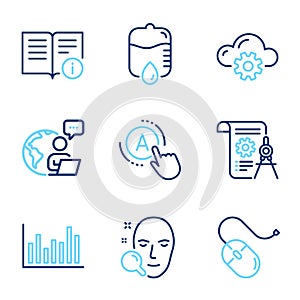 Science icons set. Included icon as Computer mouse, Drop counter, Cloud computing signs. Vector