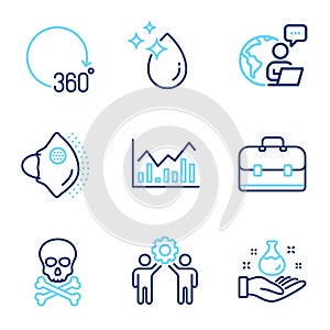 Science icons set. Included icon as Employees teamwork, Infochart, Water drop signs. Vector