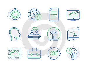 Science icons set. Included icon as File, Head, Recovered person signs. Vector