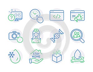 Science icons set. Included icon as Freezing water, Online quiz, Chemistry dna signs. Vector