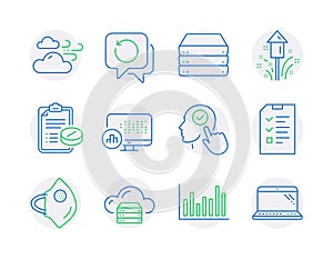 Science icons set. Included icon as Report statistics, Cloud server, Servers signs. Vector