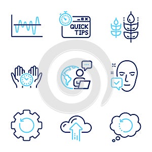 Science icons set. Included icon as Safe time, Stock analysis, Recovery gear signs. Vector