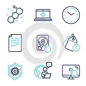Science icons set. Included icon as Time management, Medical help, Recovery hdd signs. Vector